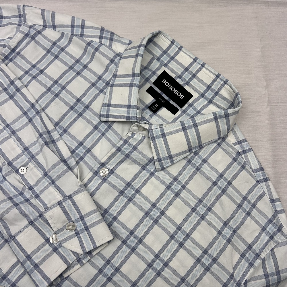 Bonobos Mens Blue Grey White Madras Plaid Nylon Slim Fit Button Up Shirt XL